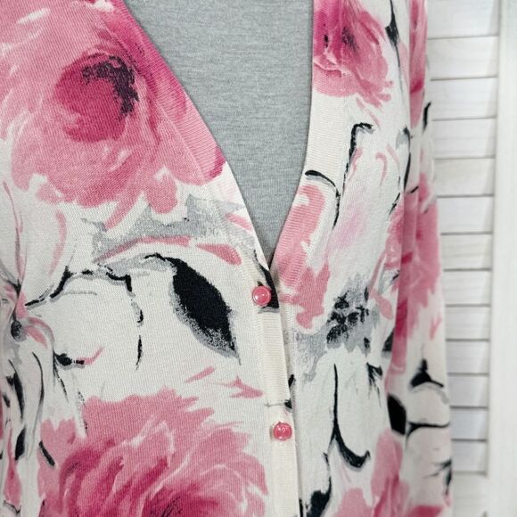 Jones New York Floral Silk Blend V Neck Cardigan Sweater Cream Pink Medium - Picture 5 of 12